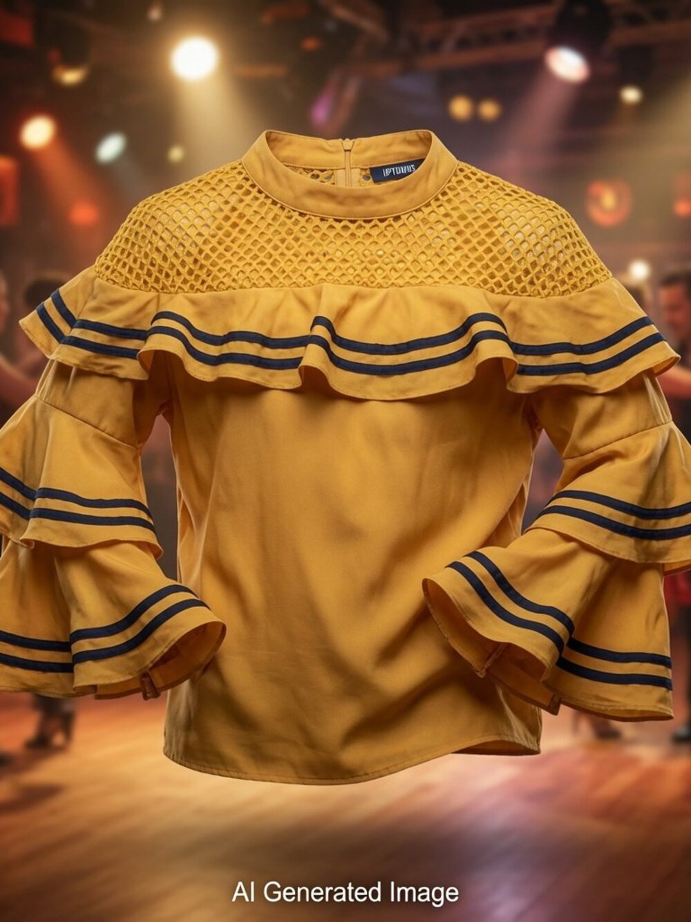 Mustard Yellow Ruffle Blouse Tiered Bell Sleeves Mesh Yoke Flamenco Salsa SZ M
